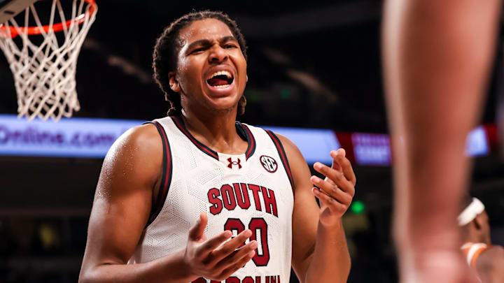 Feb 22, 2025; Columbia, South Carolina, USA; South Carolina Gamecocks forward Collin Murray-Boyles (30) disputes a call against the Texas Longhorns in the first half at Colonial Life Arena. Mandatory Credit: Jeff Blake-Imagn Images