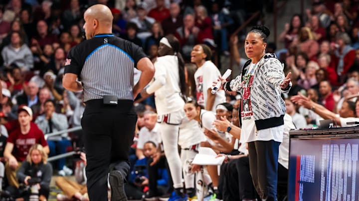 Mar 2, 2025; Columbia, South Carolina, USA; South Carolina Gamecocks head coach Dawn Staley disputes a call against the Kentucky Wildcats in the first half at Colonial Life Arena. Mandatory Credit: Jeff Blake-Imagn Images