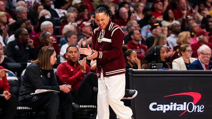 Mar 23, 2025; Columbia, South Carolina, USA; South Carolina Gamecocks head coach Dawn Staley reacts to a play against the Indiana Hoosiers in the second half at Colonial Life Arena. Mandatory Credit: Jeff Blake-Imagn Images