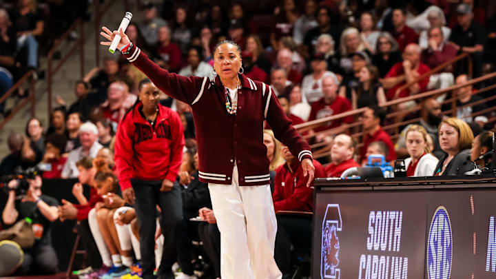 Mar 23, 2025; Columbia, South Carolina, USA; South Carolina Gamecocks head coach Dawn Staley directs her team against the Indiana Hoosiers in the first half at Colonial Life Arena. Mandatory Credit: Jeff Blake-Imagn Images Mar 23, 2025; Columbia, South Carolina, USA; South Carolina Gamecocks head coach Dawn Staley directs her team against the Indiana Hoosiers in the first half at Colonial Life Arena. Mandatory Credit: Jeff Blake-Imagn Images