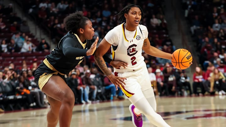 Dec 29, 2024; Columbia, South Carolina, USA; South Carolina Gamecocks forward Ashlyn Watkins (2) drives around Wofford Terriers forward Queen Ikhiuwu (81) in the first half at Colonial Life Arena. Mandatory Credit: Jeff Blake-Imagn Images