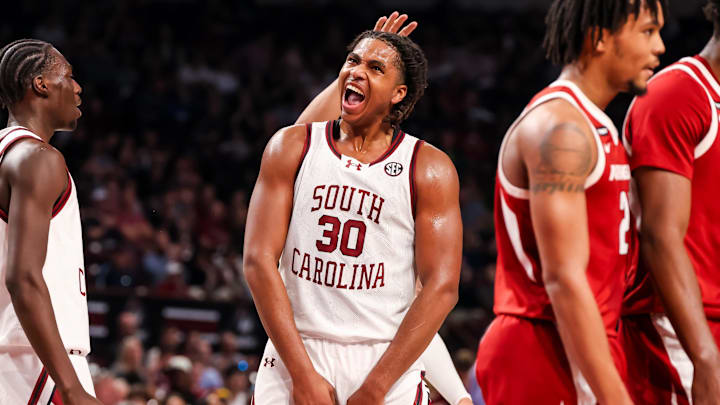 Mar 1, 2025; Columbia, South Carolina, USA; South Carolina Gamecocks forward Collin Murray-Boyles (30) celebrates a play against the Arkansas Razorbacks in the first half at Colonial Life Arena. Mandatory Credit: Jeff Blake-Imagn Images
