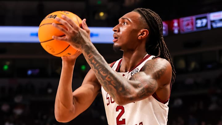 Mar 4, 2025; Columbia, South Carolina, USA; South Carolina Gamecocks guard Zachary Davis (2) attempts a three pointer against the Georgia Bulldogs in the first half at Colonial Life Arena. Mandatory Credit: Jeff Blake-Imagn Images