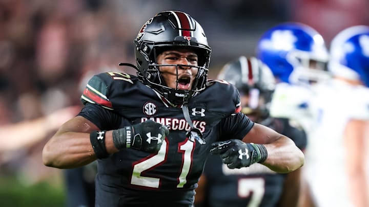 Nov 18, 2023; Columbia, South Carolina, USA; South Carolina Gamecocks defensive back Nick Emmanwori (21) celebrates a play against the Kentucky Wildcats in the second half at Williams-Brice Stadium. Mandatory Credit: Jeff Blake-Imagn Images Kentucky