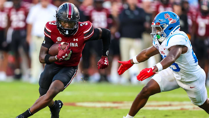 Oct 5, 2024; Columbia, South Carolina, USA; South Carolina Gamecocks wide receiver Mazeo Bennett Jr. (3) runs after a catch against the Mississippi Rebels in the second half at Williams-Brice Stadium. Mandatory Credit: Jeff Blake-Imagn Images