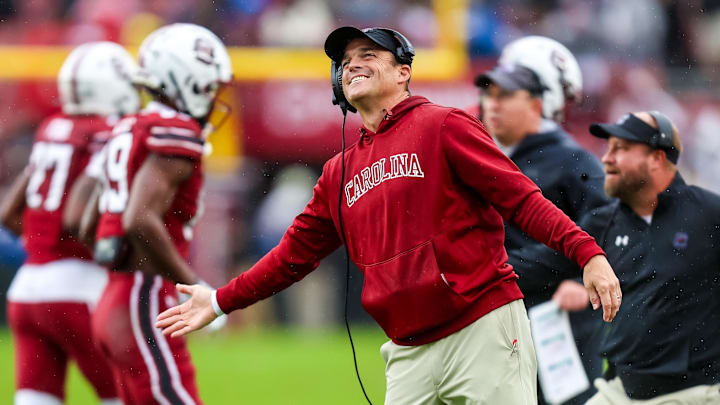 Nov 11, 2023; Columbia, South Carolina, USA; South Carolina Gamecocks head coach Shane Beamer celebrates after a play against the Vanderbilt Commodores in the second half at Williams-Brice Stadium. Mandatory Credit: Jeff Blake-Imagn Images