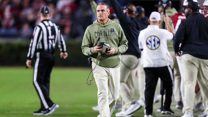 Nov 23, 2024; Columbia, South Carolina, USA; South Carolina Gamecocks head coach Shane Beamer directs his team against the Wofford Terriers in the second half at Williams-Brice Stadium. Mandatory Credit: Jeff Blake-Imagn Images