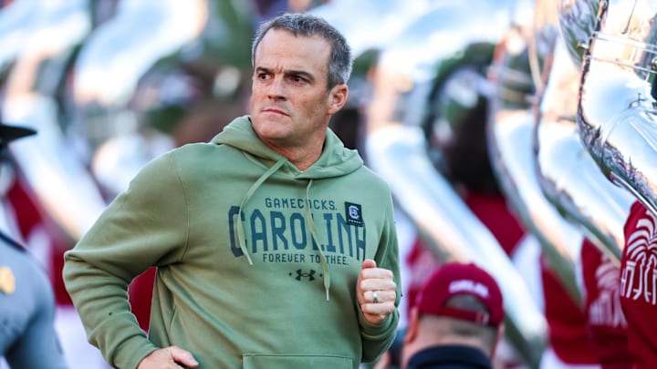 Nov 23, 2024; Columbia, South Carolina, USA; South Carolina Gamecocks head coach Shane Beamer takes the field with his team before a game against the Wofford Terriers at Williams-Brice Stadium. Mandatory Credit: Jeff Blake-Imagn Images