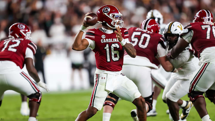 Sep 13, 2025; Columbia, South Carolina, USA; South Carolina Gamecocks quarterback LaNorris Sellers (16) passes on the play he was injured against the Vanderbilt Commodores in the second quarter at Williams-Brice Stadium. Mandatory Credit: Jeff Blake-Imagn Images