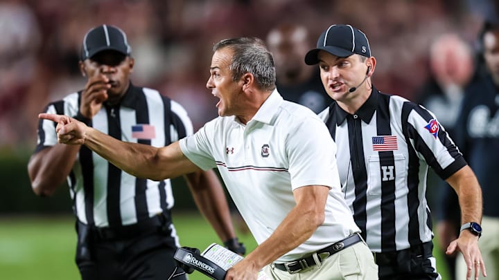 Sep 13, 2025; Columbia, South Carolina, USA; South Carolina Gamecocks head coach Shane Beamer reacts to the play that knocked out his QB quarterback LaNorris Sellers (16) against the Vanderbilt Commodores in the second quarter at Williams-Brice Stadium. Mandatory Credit: Jeff Blake-Imagn Images