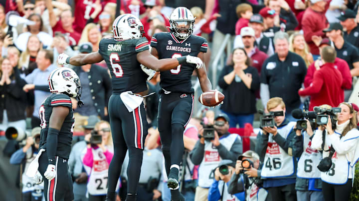 Nov 16, 2024; Columbia, South Carolina, USA; South Carolina Gamecocks wide receiver Nyck Harbor (8) celebrates a 26-yard touchdown reception with tight end Joshua Simon (6) against the Missouri Tigers in the first quarter at Williams-Brice Stadium. Mandatory Credit: Jeff Blake-Imagn Images Nov 16, 2024; Columbia, South Carolina, USA; South Carolina Gamecocks wide receiver Nyck Harbor (8) celebrates a 26-yard touchdown reception with tight end Joshua Simon (6) against the Missouri Tigers in the first quarter at Williams-Brice Stadium. Mandatory Credit: Jeff Blake-Imagn Images