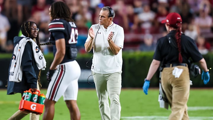 Sep 27, 2025; Columbia, South Carolina, USA; South Carolina Gamecocks head coach Shane Beamer directs his team against the Kentucky Wildcats in the second quarter at Williams-Brice Stadium. Mandatory Credit: Jeff Blake-Imagn Images