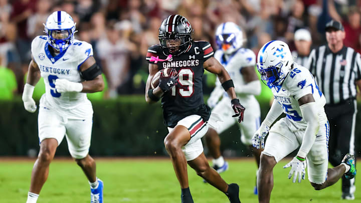 Sep 27, 2025; Columbia, South Carolina, USA; South Carolina Gamecocks wide receiver Vandrevius Jacobs (19) runs after the catch against the Kentucky Wildcats in the second half at Williams-Brice Stadium. Mandatory Credit: Jeff Blake-Imagn Images