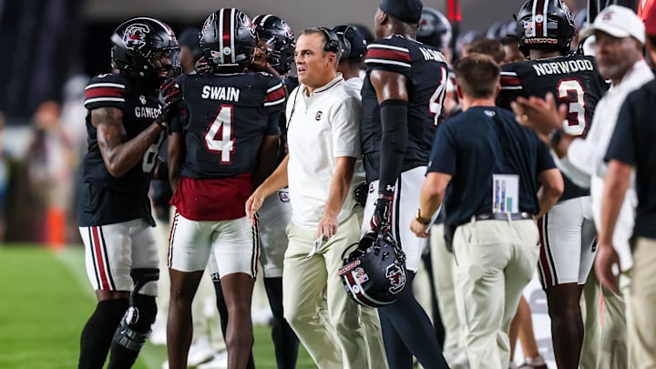 Sep 27, 2025; Columbia, South Carolina, USA; South Carolina Gamecocks head coach Shane Beamer directs his team against the Kentucky Wildcats in the second half at Williams-Brice Stadium. Mandatory Credit: Jeff Blake-Imagn Images