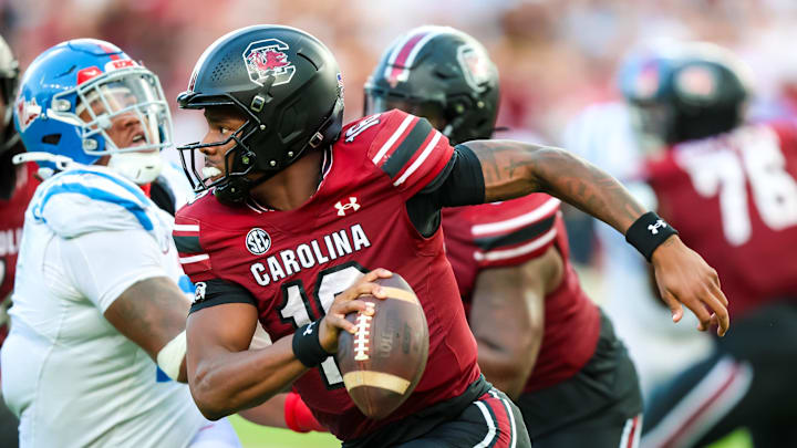 Oct 5, 2024; Columbia, South Carolina, USA; South Carolina Gamecocks quarterback LaNorris Sellers (16) rushes against the Mississippi Rebels in the second quarter at Williams-Brice Stadium. Mandatory Credit: Jeff Blake-Imagn Images Oct 5, 2024; Columbia, South Carolina, USA; South Carolina Gamecocks quarterback LaNorris Sellers (16) rushes against the Mississippi Rebels in the second quarter at Williams-Brice Stadium. Mandatory Credit: Jeff Blake-Imagn Images