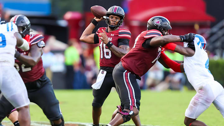 Oct 5, 2024; Columbia, South Carolina, USA; South Carolina Gamecocks quarterback LaNorris Sellers (16) throws against the Mississippi Rebels in the second half at Williams-Brice Stadium. Mandatory Credit: Jeff Blake-Imagn Images