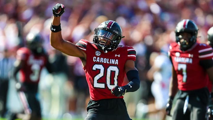 Oct 5, 2024; Columbia, South Carolina, USA; South Carolina Gamecocks defensive back Judge Collier (20) celebrates a pass breakup against the Mississippi Rebels in the first quarter at Williams-Brice Stadium. Mandatory Credit: Jeff Blake-Imagn Images