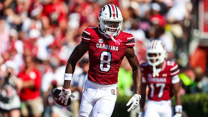 Oct 18, 2025; Columbia, South Carolina, USA; South Carolina Gamecocks wide receiver Nyck Harbor (8) celebrates a touchdown reception against the Oklahoma Sooners in the second quarter at Williams-Brice Stadium. Mandatory Credit: Jeff Blake-Imagn Images
