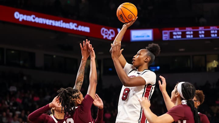 Feb 5, 2026; Columbia, South Carolina, USA; South Carolina Gamecocks forward Joyce Edwards (8) shoots over Mississippi State Bulldogs guard Destiney McPhaul (2) in the first half at Colonial Life Arena. Mandatory Credit: Jeff Blake-Imagn Images