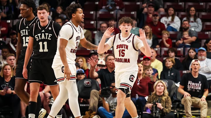 Feb 21, 2026; Columbia, South Carolina, USA; South Carolina Gamecocks guard Eli Ellis (15) reacts to a call against the Mississippi State Bulldogs in the first half at Colonial Life Arena. Mandatory Credit: Jeff Blake-Imagn Images