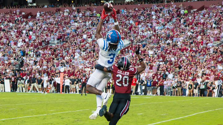 Oct 5, 2024; Columbia, South Carolina, USA; Mississippi Rebels wide receiver Antwane Wells Jr. (3) cannot come up with a reception in the end zone as South Carolina Gamecocks defensive back Judge Collier (20) defends  in the second half at Williams-Brice Stadium. Mandatory Credit: Jeff Blake-Imagn Images