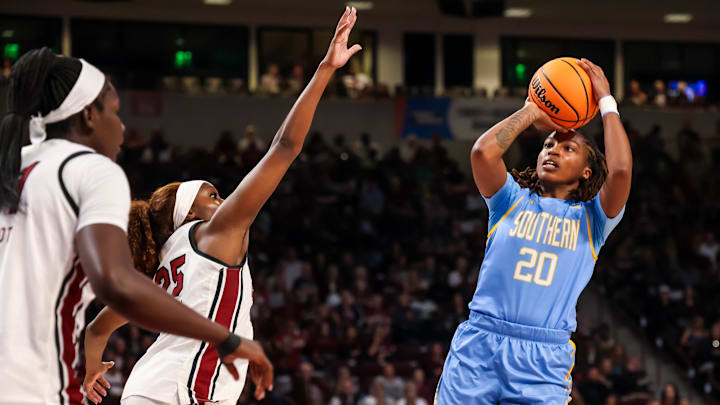 Mar 21, 2026; Columbia, South Carolina, USA; Southern Jaguars guard Zaria Hurston (20) shoots against the South Carolina Gamecocks in the second half at Colonial Life Arena. Mandatory Credit: Jeff Blake-Imagn Images