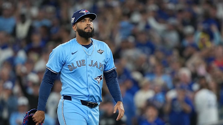 Oct 31, 2025; Toronto, Ontario, CAN; Toronto Blue Jays pitcher Seranthony Dominguez (48) reacts after getting a strike out against the Los Angeles Dodgers in the eighth inning for game six of the 2025 MLB World Series at Rogers Centre. 