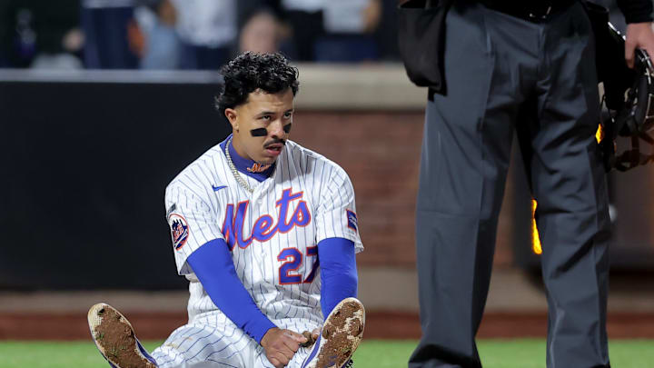 Apr 22, 2026; New York City, New York, USA; New York Mets first baseman Mark Vientos (27) reacts after being thrown out trying to score on a double by second baseman Marcus Semien (not pictured) during the sixth inning against the Minnesota Twins at Citi Field. Mandatory Credit: Brad Penner-Imagn Images
