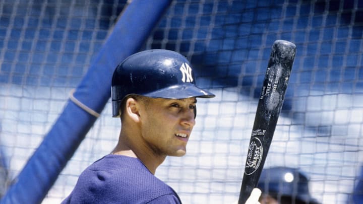 1996, Bronx, NY, USA; FILE PHOTO; New York Yankees shortstop Derek Jeter at Yankee Stadium during the 1996 season. Mandatory Credit: RVR Photos-Imagn Images