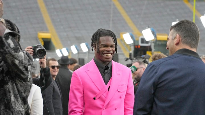 NFL draft prospect, Colorado Buffaloes wide receiver Travis Hunter, arrives during the NFL Draft Red Carpet event at Lambeau Field in Green Bay on Thursday, April 24, 2025.
