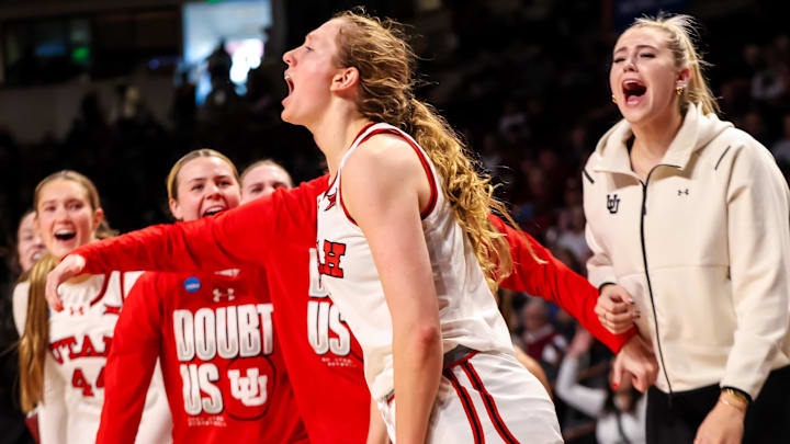Mar 21, 2025; Columbia, South Carolina, USA; Utah Utes guard Gianna Kneepkens (5) celebrates getting fouled while making a three point basket against the Indiana Hoosiers in the second half at Colonial Life Arena. Mandatory Credit: Jeff Blake-Imagn Images Mar 21, 2025; Columbia, South Carolina, USA; Utah Utes guard Gianna Kneepkens (5) celebrates getting fouled while making a three point basket against the Indiana Hoosiers in the second half at Colonial Life Arena. Mandatory Credit: Jeff Blake-Imagn Images