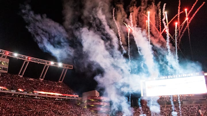 Nov 16, 2024; Columbia, South Carolina, USA; Fireworks light up Williams-Brice Stadium before the fourth quarter of the game between the South Carolina Gamecocks and Missouri Tigers. Mandatory Credit: Jeff Blake-Imagn Images Nov 16, 2024; Columbia, South Carolina, USA; Fireworks light up Williams-Brice Stadium before the fourth quarter of the game between the South Carolina Gamecocks and Missouri Tigers. Mandatory Credit: Jeff Blake-Imagn Images