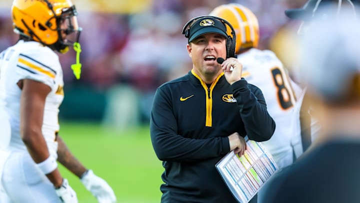 Nov 16, 2024; Columbia, South Carolina, USA; Missouri Tigers head coach Eliah Drinkwitz directs his team against the South Carolina Gamecocks in the first quarter at Williams-Brice Stadium. Mandatory Credit: Jeff Blake-Imagn Images Nov 16, 2024; Columbia, South Carolina, USA; Missouri Tigers head coach Eliah Drinkwitz directs his team against the South Carolina Gamecocks in the first quarter at Williams-Brice Stadium. Mandatory Credit: Jeff Blake-Imagn Images