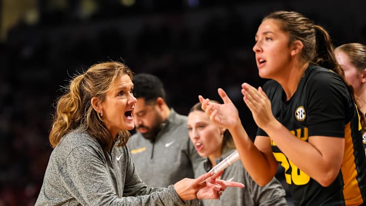 Feb 8, 2024; Columbia, South Carolina, USA; Missouri Tigers head coach Robin Singleton directs her team against the South Carolina Gamecocks in the first half at Colonial Life Arena. Mandatory Credit: Jeff Blake-Imagn Images