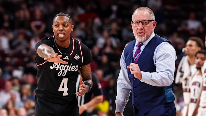 Feb 1, 2025; Columbia, South Carolina, USA; Texas A&M Aggies head coach Buzz Williams directs guard Wade Taylor IV (4) in the second half at Colonial Life Arena. Mandatory Credit: Jeff Blake-Imagn Images