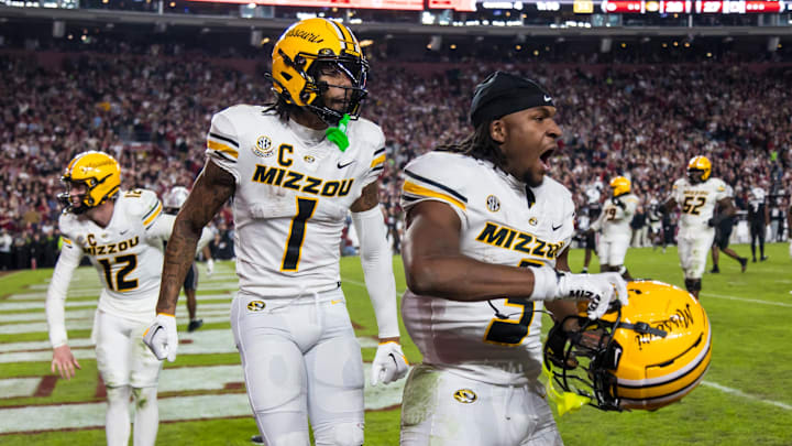 Nov 16, 2024; Columbia, South Carolina, USA; Missouri Tigers wide receiver Luther Burden III (3) celebrates a touchdowns in the fourth quarter against the South Carolina Gamecocks at Williams-Brice Stadium. Mandatory Credit: Jeff Blake-Imagn Images