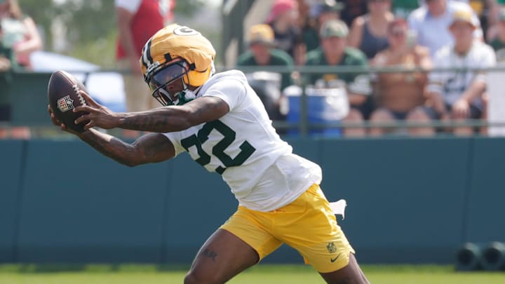 Green Bay Packers wide receiver Matthew Golden (22) participates in drills during practice on Aug. 1, 2025, at Ray Nitschke Field in Ashwaubenon, Wis.