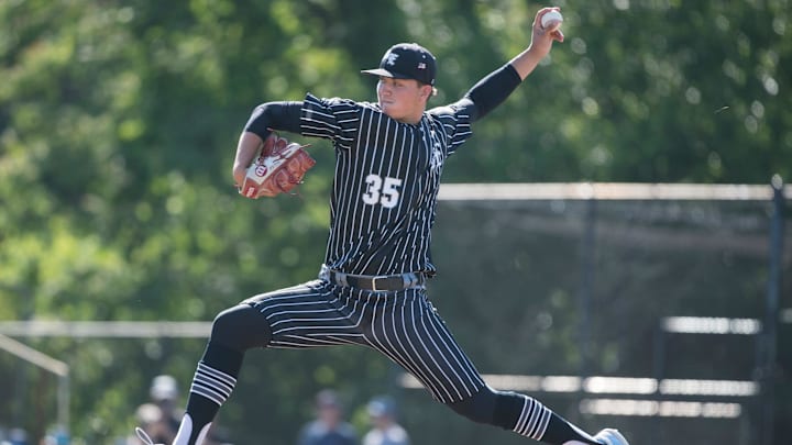 Bishop Eustace's Anthony Solometo delivers a pitch during the Diamond Classic baseball tournament quarterfinal game between Bishop Eustace and Kingsway played at Bishop Eustace High School in Pennsauken on Tuesday, May 18, 2021.  Bishop Eustace defeated Kingsway, 2-1.