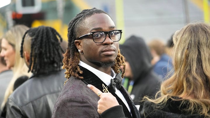 NFL draft prospect, Ashton Jeanty of Boise State, during the NFL Draft Red Carpet event at Lambeau Field in Green Bay on Thursday, April 24, 2025. NFL draft prospect, Ashton Jeanty of Boise State, during the NFL Draft Red Carpet event at Lambeau Field in Green Bay on Thursday, April 24, 2025.