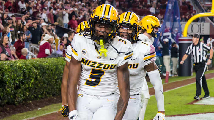 Nov 16, 2024; Columbia, South Carolina, USA; Missouri Tigers wide receiver Luther Burden III (3) celebrates a touchdowns in the fourth quarter against the South Carolina Gamecocks at Williams-Brice Stadium. Mandatory Credit: Jeff Blake-Imagn Images