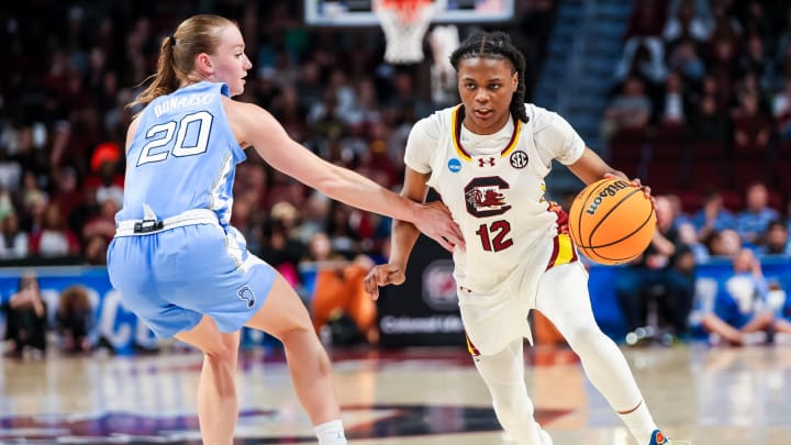 Mar 24, 2024; Columbia, SC, USA; South Carolina Gamecocks guard MiLaysia Fulwiley (12) drives around Mar 24, 2024; Columbia, SC, USA; South Carolina Gamecocks guard MiLaysia Fulwiley (12) drives around