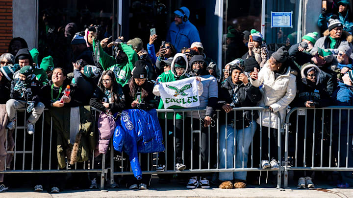 Philadelphia Eagles fans on the street during the Super Bowl parade on Feb. 14, 2025.