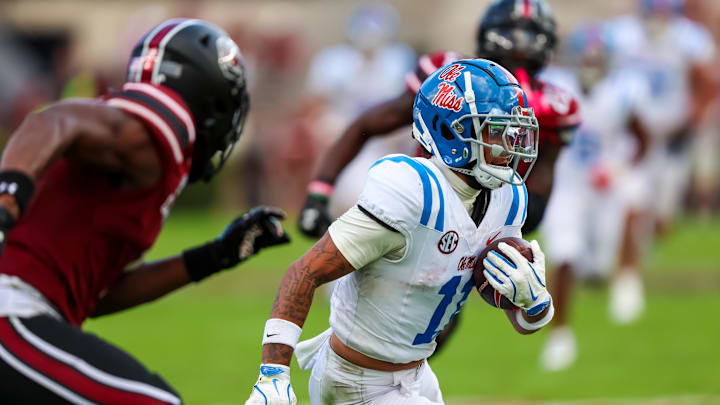 Oct 5, 2024; Columbia, South Carolina, USA; Mississippi Rebels wide receiver Jordan Watkins (11) runs after the catch against the South Carolina Gamecocks in the second quarter at Williams-Brice Stadium. Mandatory Credit: Jeff Blake-Imagn Images