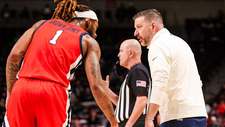 Feb 12, 2025; Columbia, South Carolina, USA; Mississippi Rebels head coach Chris Beard directs forward Mikeal Brown-Jones (1) against the South Carolina Gamecocks in the second half at Colonial Life Arena. Mandatory Credit: Jeff Blake-Imagn Images Feb 12, 2025; Columbia, South Carolina, USA; Mississippi Rebels head coach Chris Beard directs forward Mikeal Brown-Jones (1) against the South Carolina Gamecocks in the second half at Colonial Life Arena. Mandatory Credit: Jeff Blake-Imagn Images
