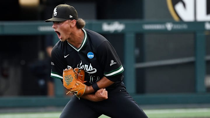 Wright State pitcher Warren Hartzell (17) reacts after striking out Vanderbilt’s Jonathan Vastine during the eighth inning of the Nashville Regional NCAA Baseball Tournament game at Hawkins Field Friday, May 30, 2025, in Nashville, Tenn.