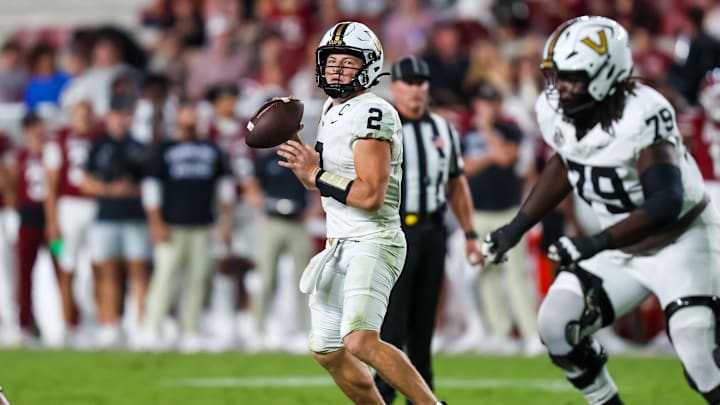 Sep 13, 2025; Columbia, South Carolina, USA; Vanderbilt Commodores quarterback Diego Pavia (2) looks to pass against the South Carolina Gamecocks in the second half at Williams-Brice Stadium. Mandatory Credit: Jeff Blake-Imagn Images