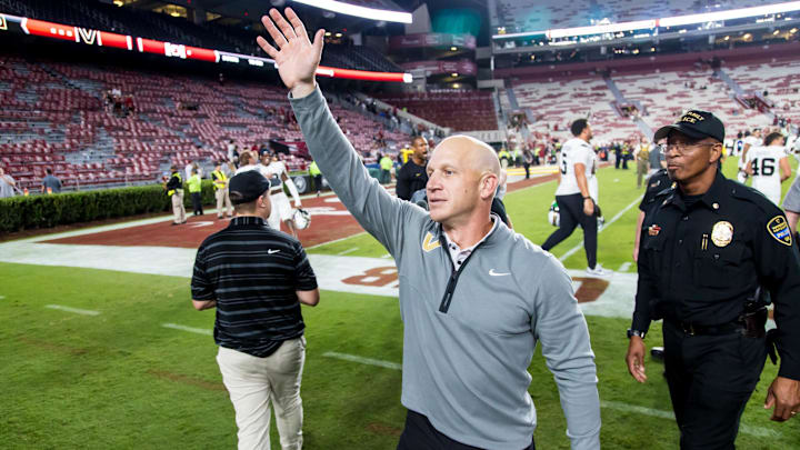 Sep 13, 2025; Columbia, South Carolina, USA; Vanderbilt Commodores head coach Clark Lea waves to his team’s fans following their win over the South Carolina Gamecocks at Williams-Brice Stadium. Mandatory Credit: Jeff Blake-Imagn Images