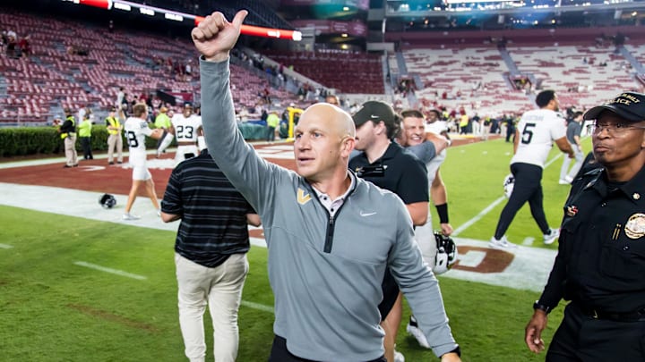 Sep 13, 2025; Columbia, South Carolina, USA; Vanderbilt Commodores head coach Clark Lea waves to his team’s fans following their win over the South Carolina Gamecocks at Williams-Brice Stadium. Mandatory Credit: Jeff Blake-Imagn Images
