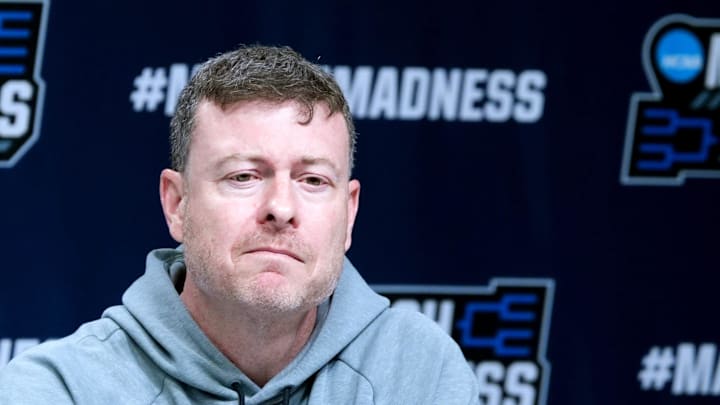 Vanderbilt mens' basketball coach Mark Byington speaks to the media during practice and media day for the first round of the NCAA basketball tournament at Paycom Center in Oklahoma City, Okla., Wednesday March 18, 2026.