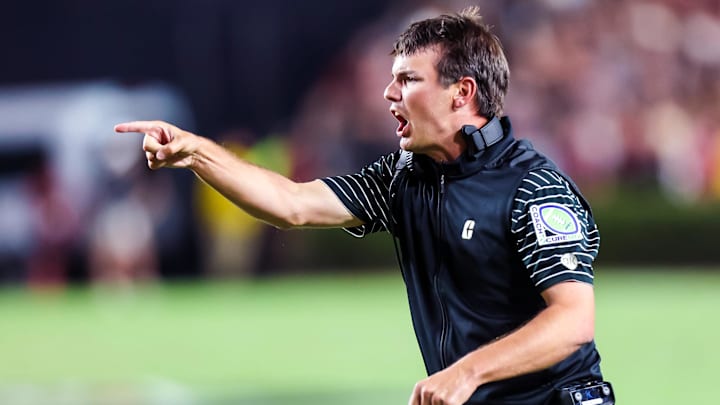 Sep 24, 2022; Columbia, South Carolina, USA; Charlotte 49ers head coach Will Healy directs his team against the South Carolina Gamecocks in the first quarter at Williams-Brice Stadium. Mandatory Credit: Jeff Blake-Imagn Images